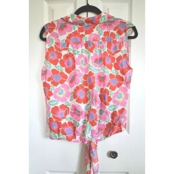 Theory Sz Petite-Small Tie Front Sleeveless Button-Up Blouse Hibiscus Floral Top - Picture 3 of 6